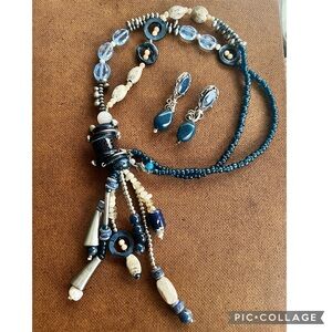 Necklace Earring Set Tassel Fringe Beaded Embellished Blue Statement Boho Party